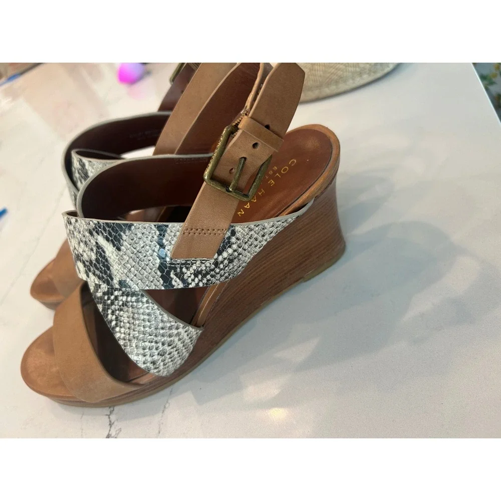 Cole Haan‎ Wedge Sandals Tan Snakeskin Embossed Leather Strappy Platform W01191